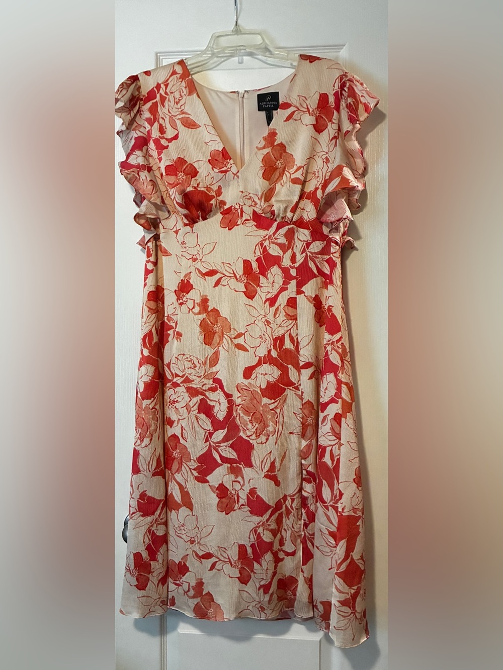 Adrianna Papell Cream Midi Dress with Red-Orange Floral Print